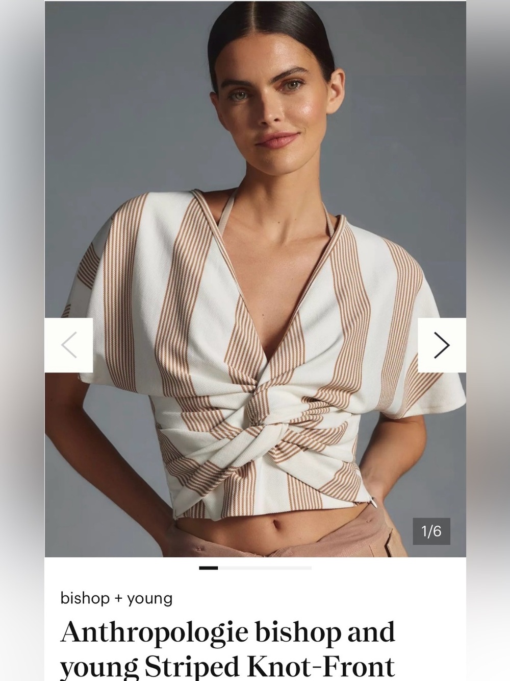 Anthropology bishop + young White Tan Striped Knot-Front Crop Top shirt knit